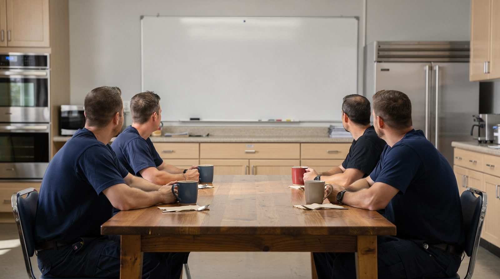 Four firefighters in navy and black t-shirts, seen from behind, sit at a wooden station kitchen table with coffee mugs, facing a blank whiteboard.