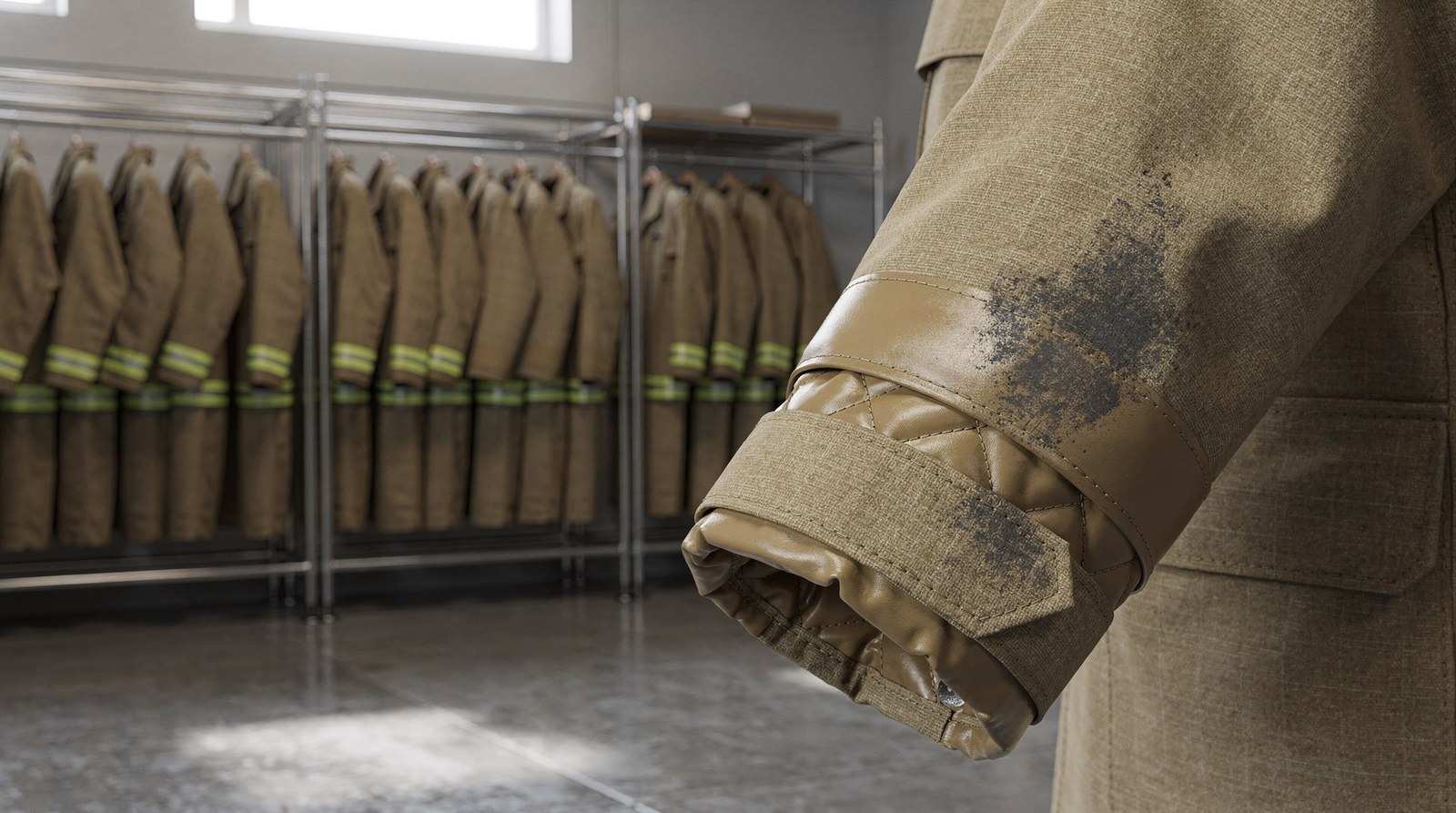 Computer rendering of a soot-marked tan turnout coat sleeve with its cuff turned back to show the inner layers, in front of racks of tan coats and pants in a gear room.