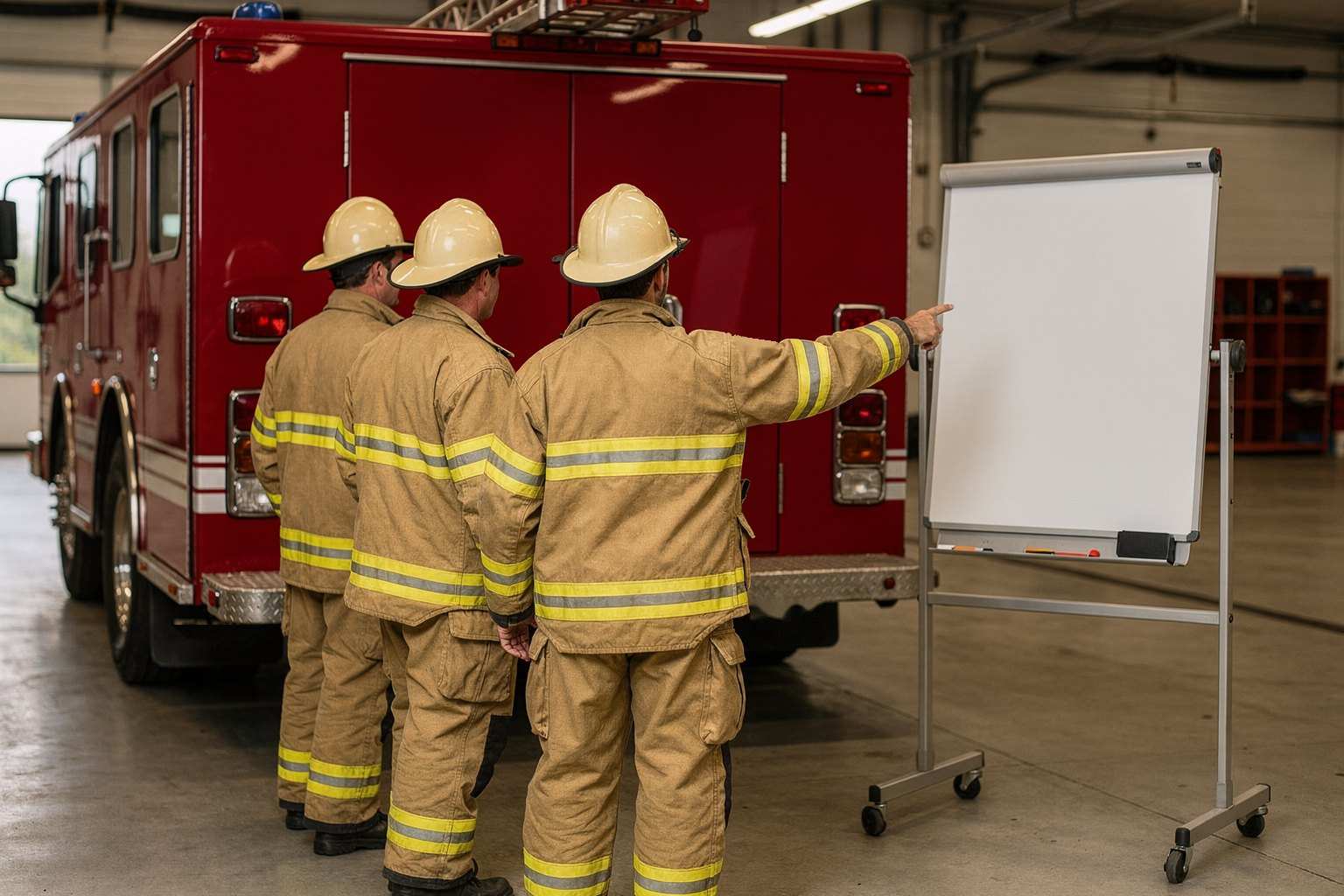 Three firefighters in plain turnout coats, seen from behind at the tailboard of an engine, as one points to a blank whiteboard.