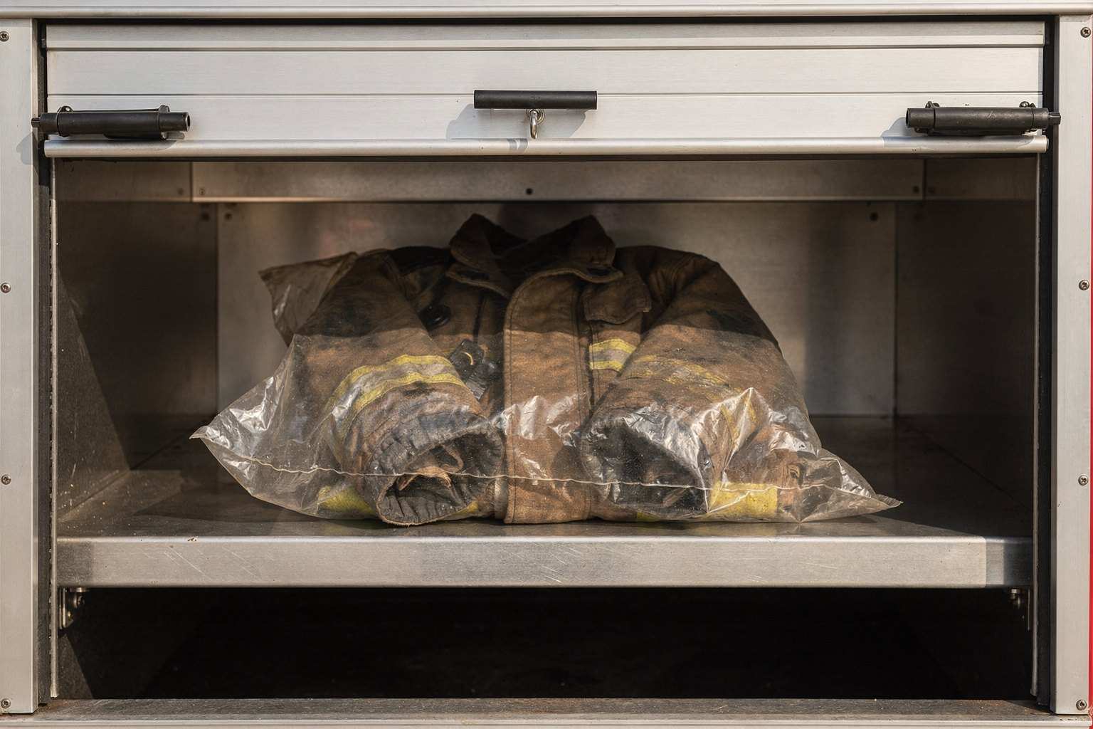 A soot-stained turnout coat sealed in a clear plastic bag on the shelf of an apparatus side compartment.
