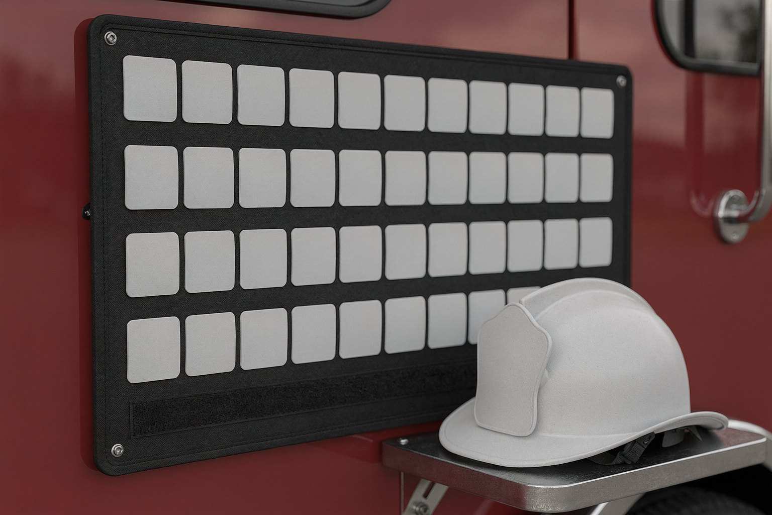 A blank accountability board on the side of an apparatus, rows of plain tags with no names, and a plain helmet beside it.