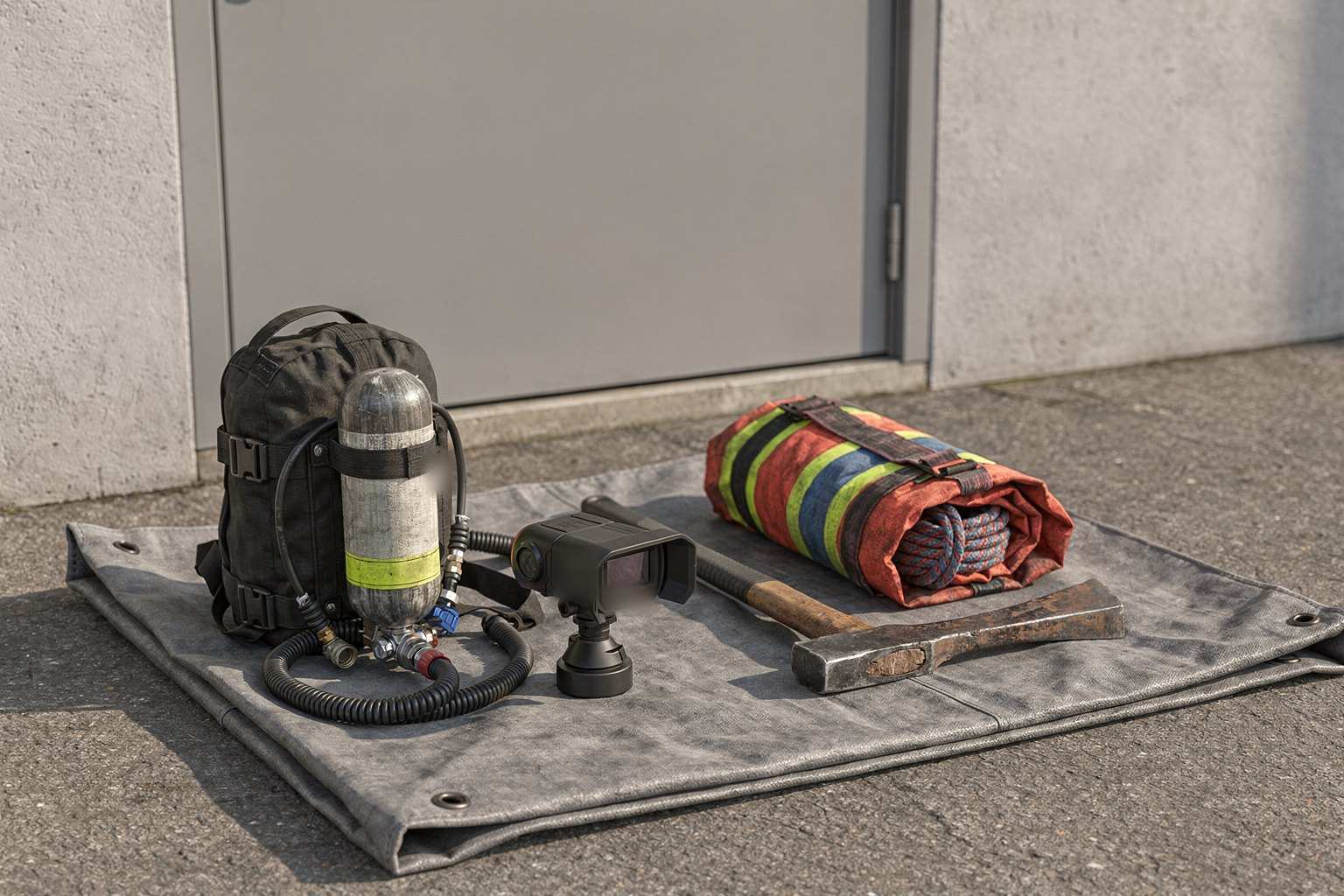 RIT tools on a salvage tarp beside an entry door: a spare SCBA air bag, a thermal imager, a rope bag, an axe and a Halligan bar.