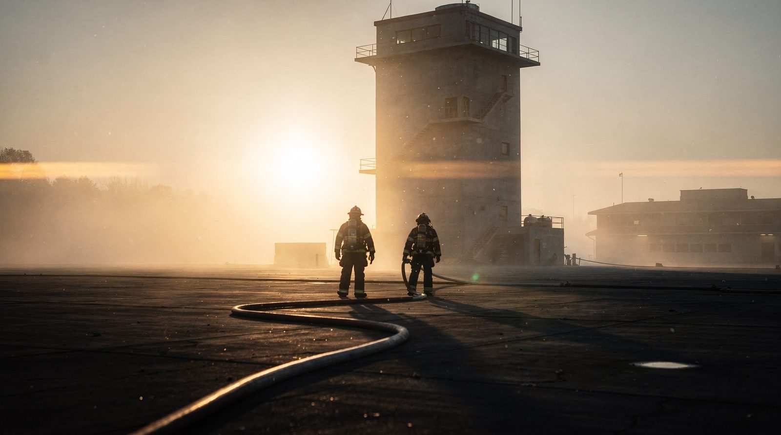 Two firefighters in silhouette walk a hose line toward a concrete training tower in morning haze.