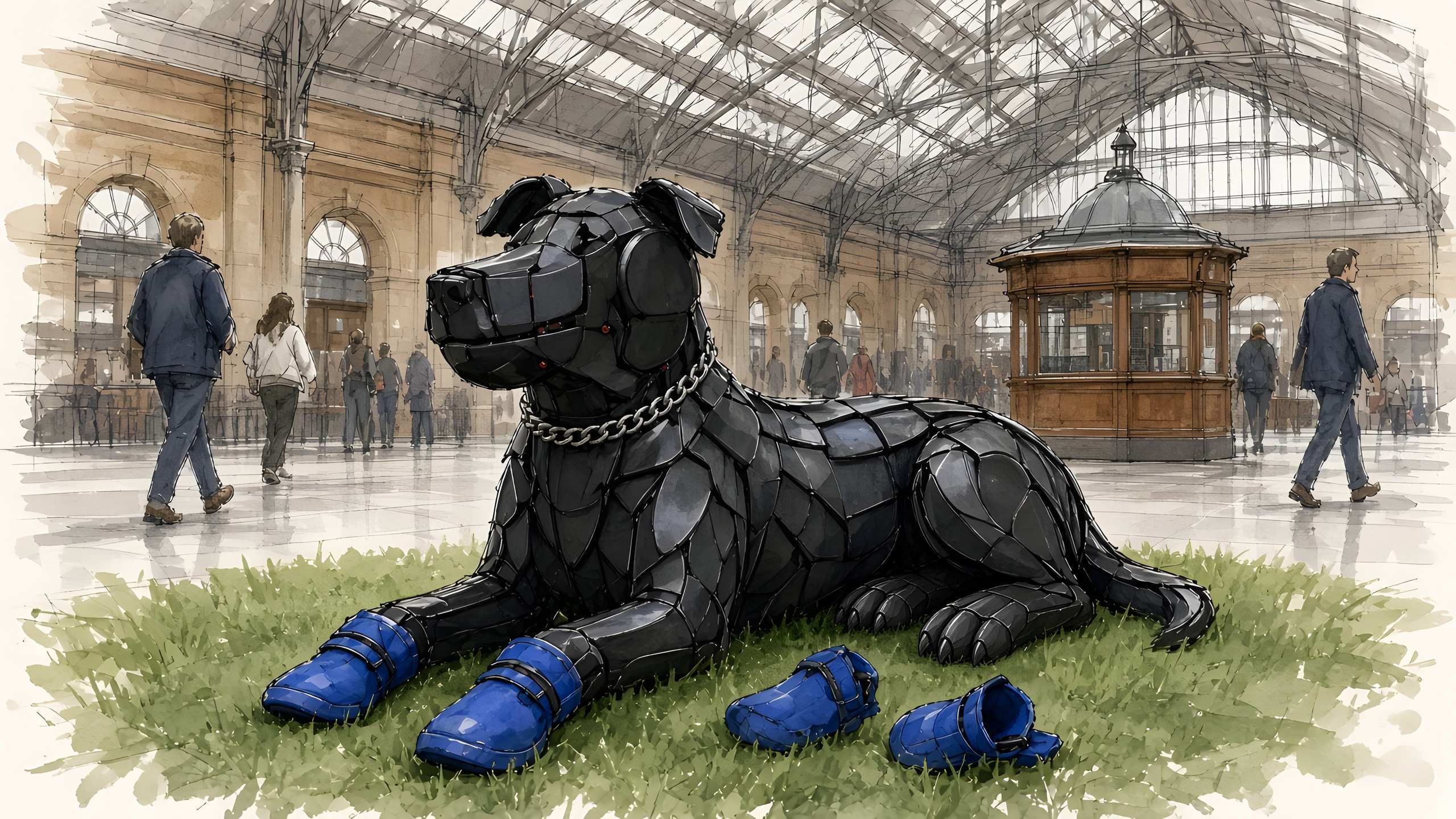 Ink-and-wash illustration of a dark statue of a dog lying on a patch of grass, wearing a chain collar and blue rubber boots on its front paws, with two more boots on the grass beside it, in the main hall of a glass-roofed railway station with travelers walking past.